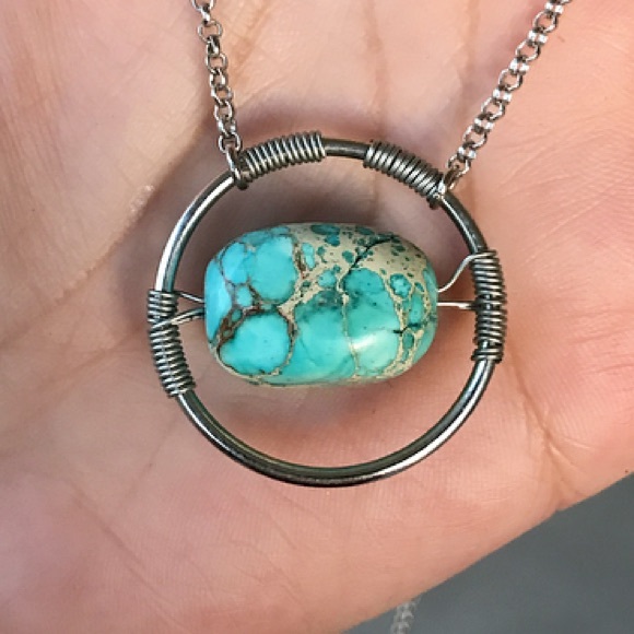 Genuine blue sea jasper wire wrap boho necklace - Picture 3 of 8